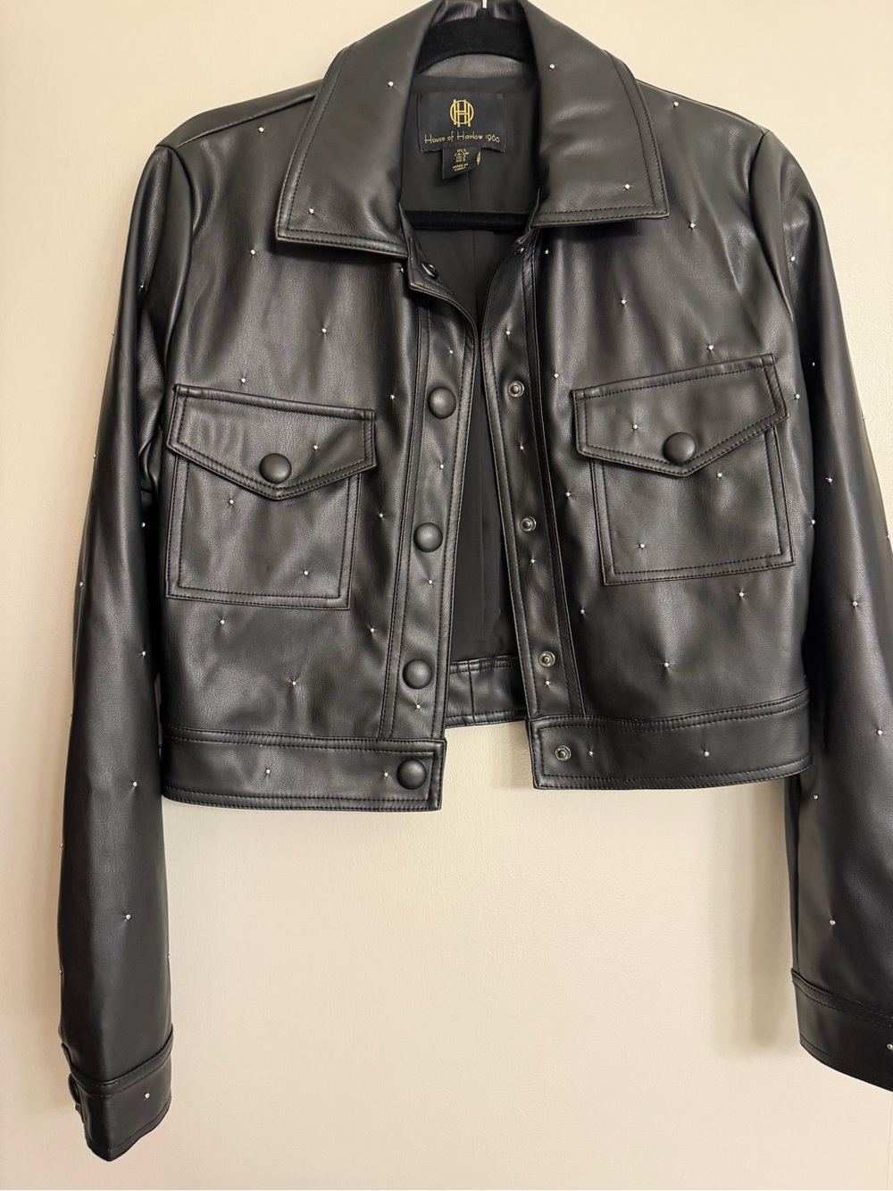 House of Harlow 1960 Black Faux Leather Studded Cropped Jacket